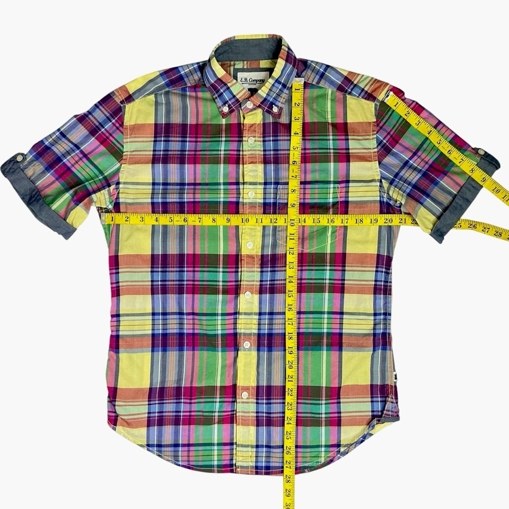 E B Company Vintage Button Down Collar Shirt Madras Plaid Blue Green Men Medium - Picture 2 of 16